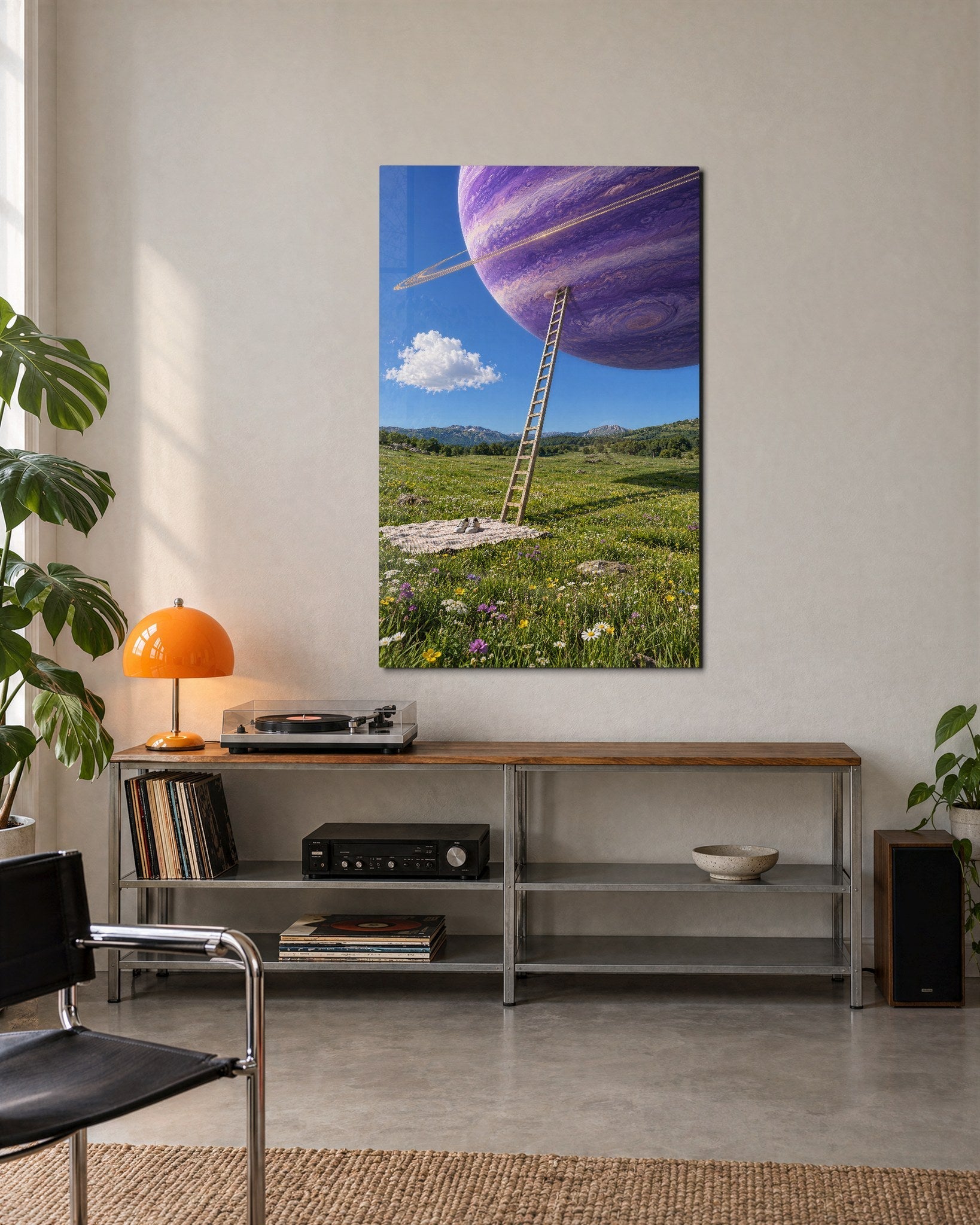 Climb Toward a Purple World glass wall art by Artdesigna, lifestyle view