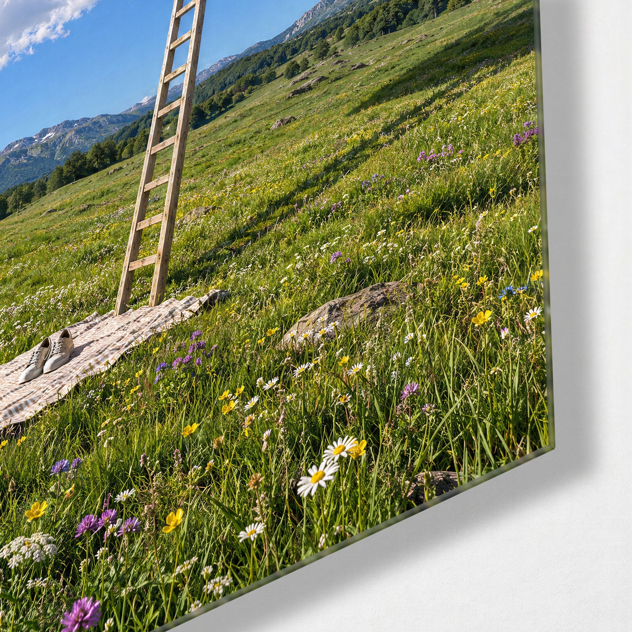 Climb Toward a Purple World glass wall art by Artdesigna, corner view
