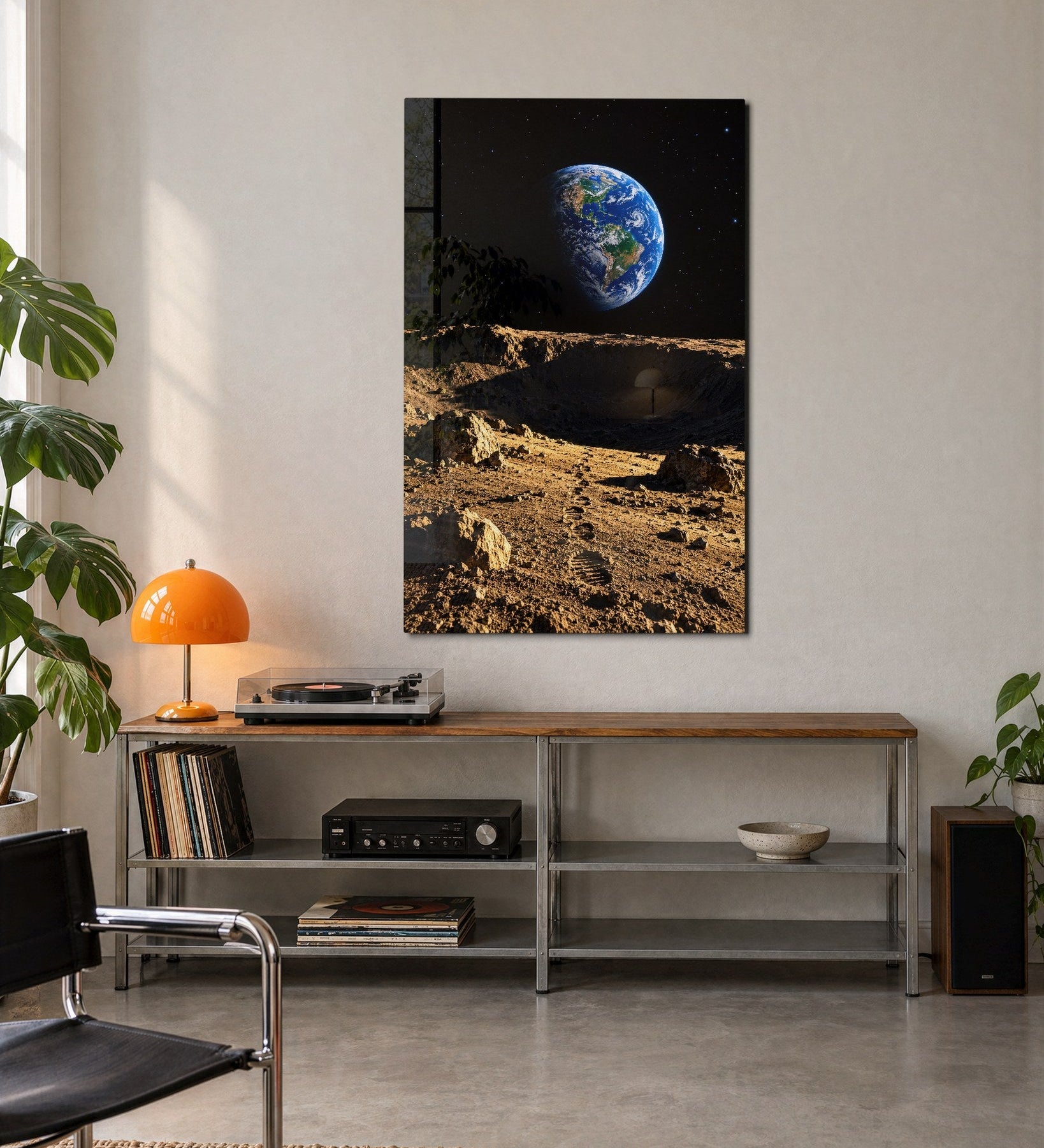 Glass wall art featuring moon dust footprints by Artdesigna, showcasing a luminous, abstract design on a clear glass panel.