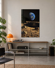 Footprints, Moon Dust glass wall art by Artdesigna, lifestyle view