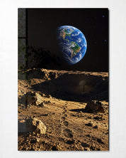 Footprints, Moon Dust glass wall art by Artdesigna, front view