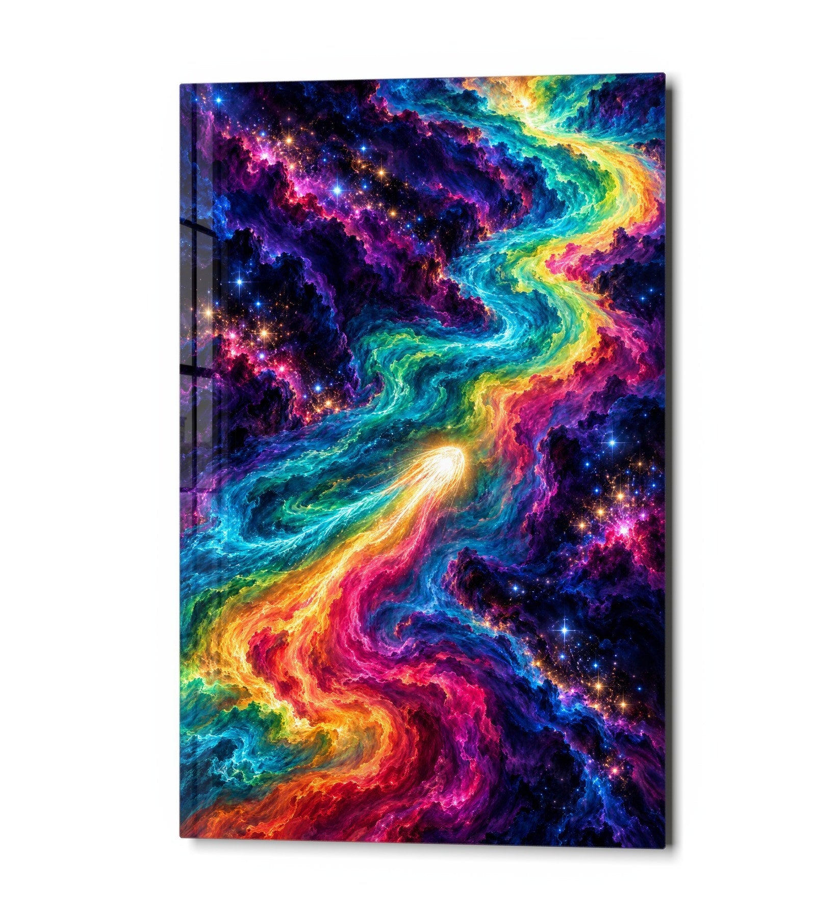 Colors Racing the Cosmos glass wall art by Artdesigna featuring vibrant cosmic-inspired abstract design on clear glass.