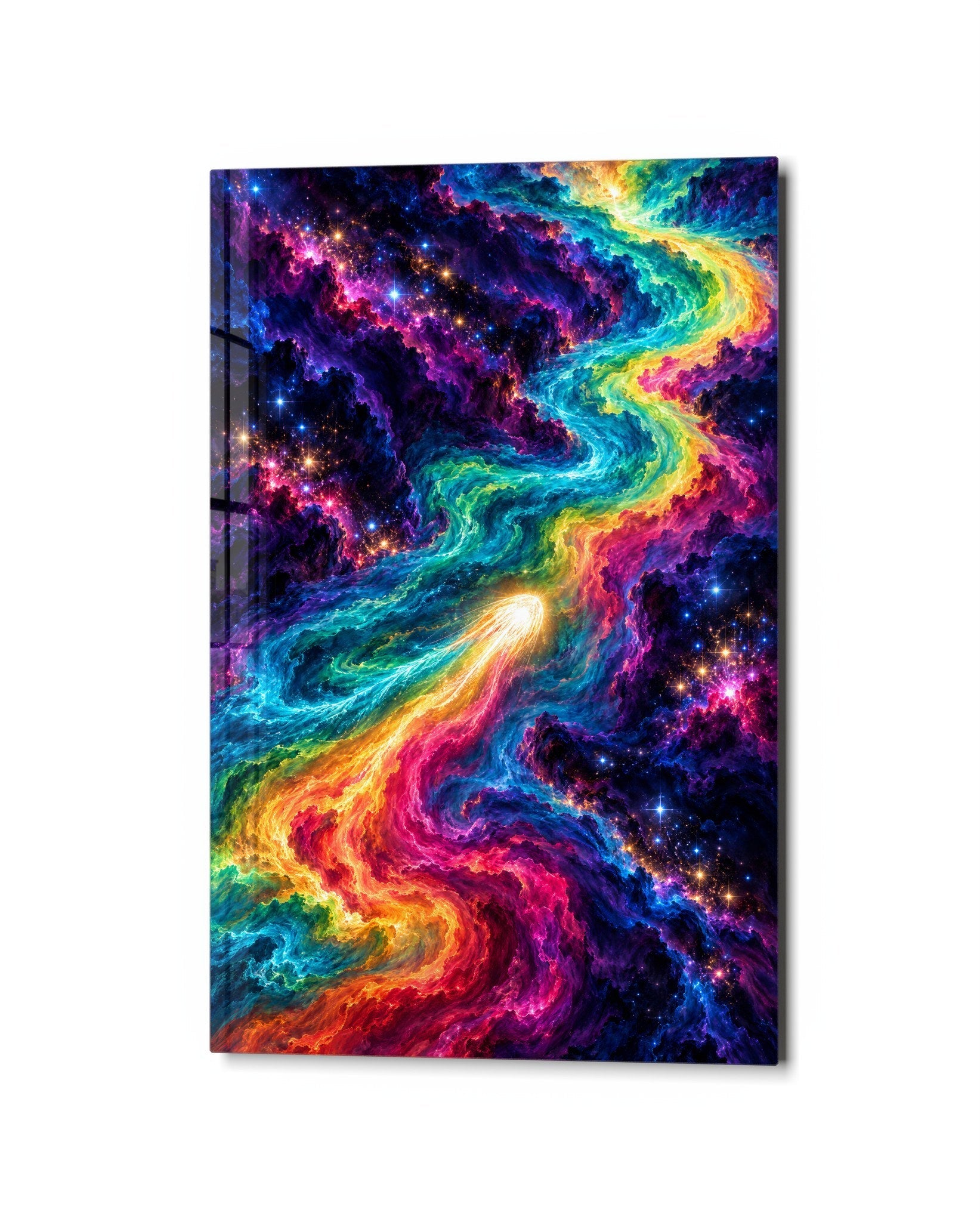 Colors Racing the Cosmos glass wall art by Artdesigna, studio view
