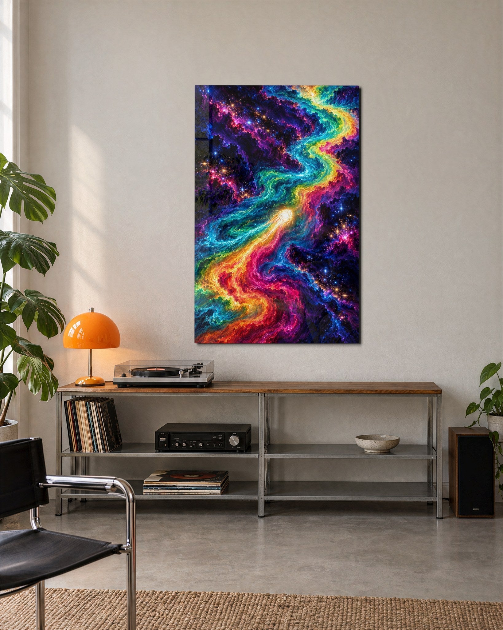 Colors Racing the Cosmos glass wall art by Artdesigna, lifestyle view