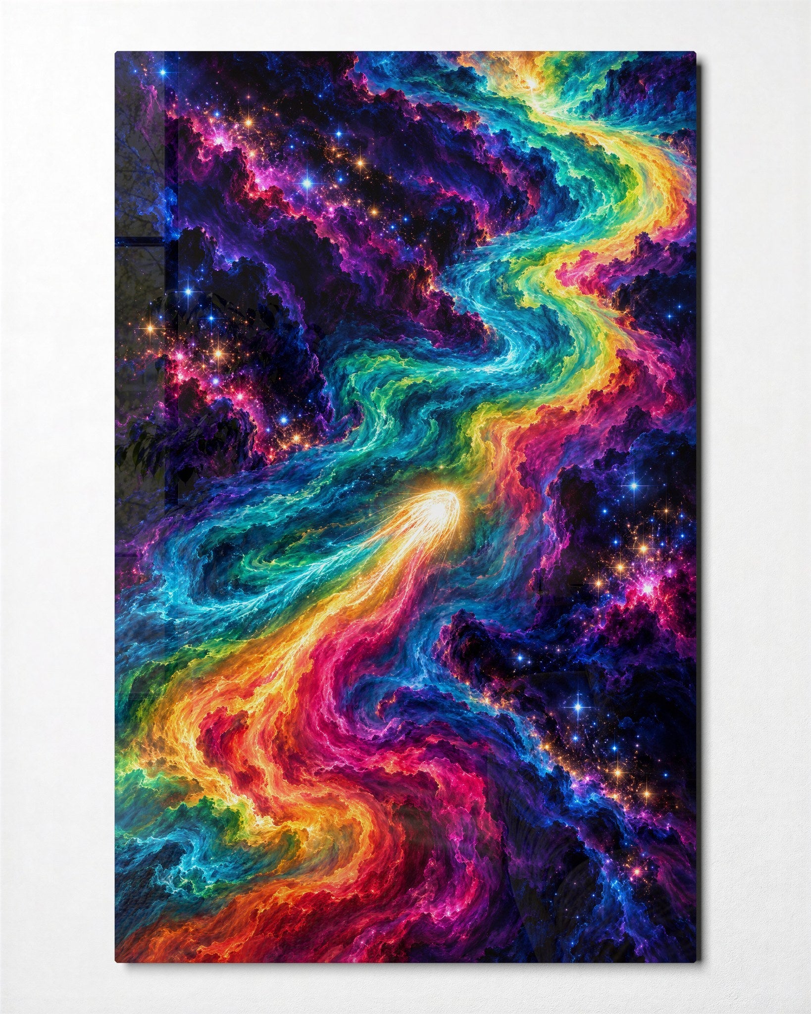 Colors Racing the Cosmos glass wall art by Artdesigna, front view