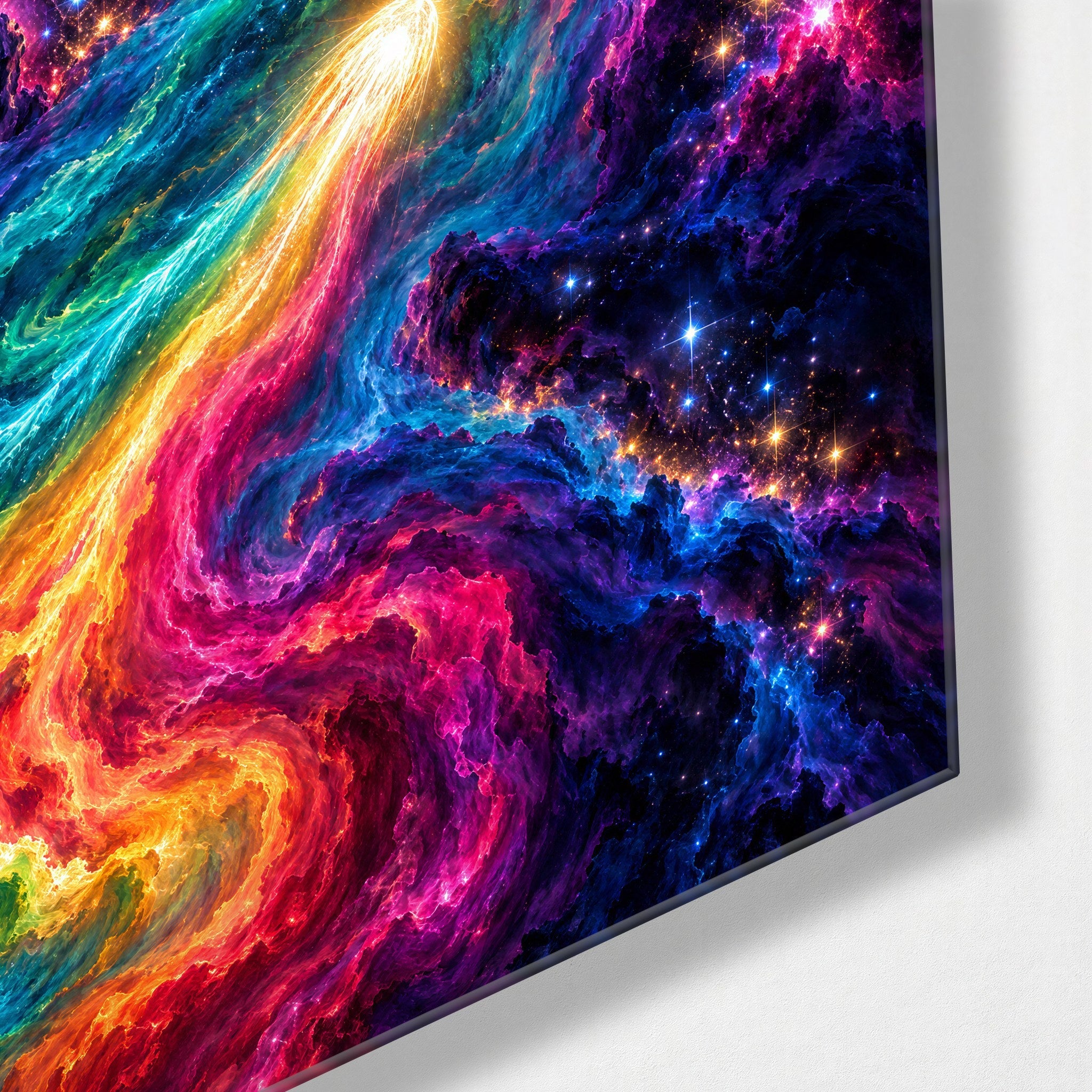Colors Racing the Cosmos glass wall art by Artdesigna, corner view