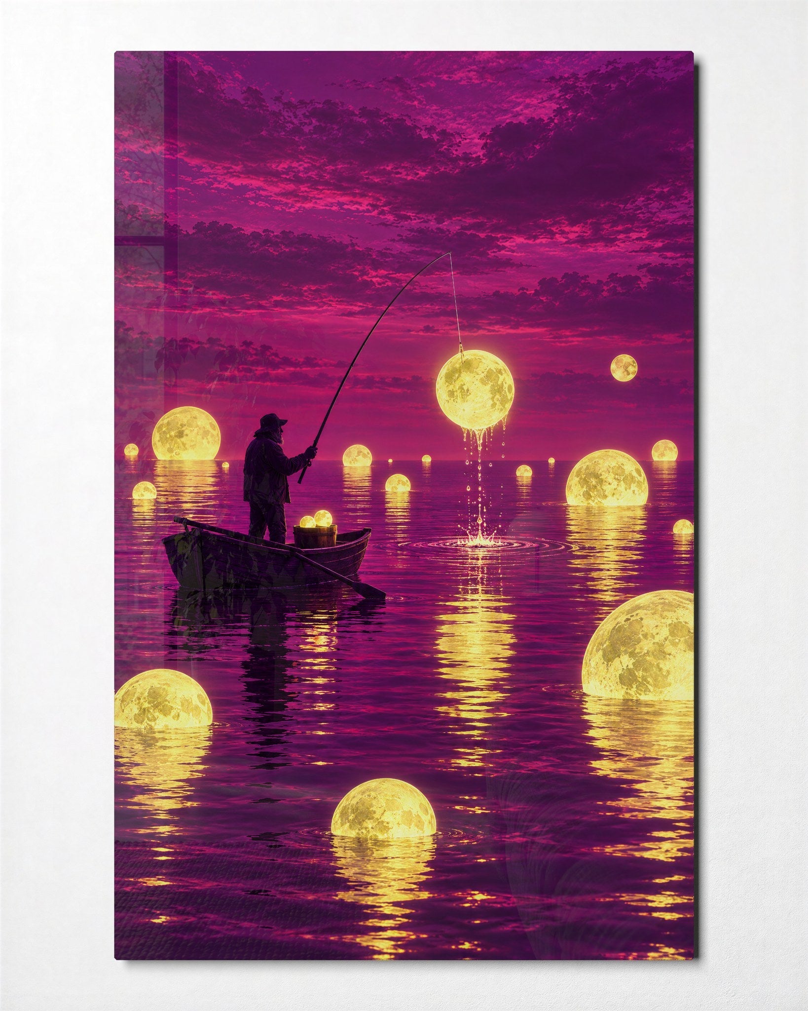 Night Angler glass wall art by Artdesigna, front view