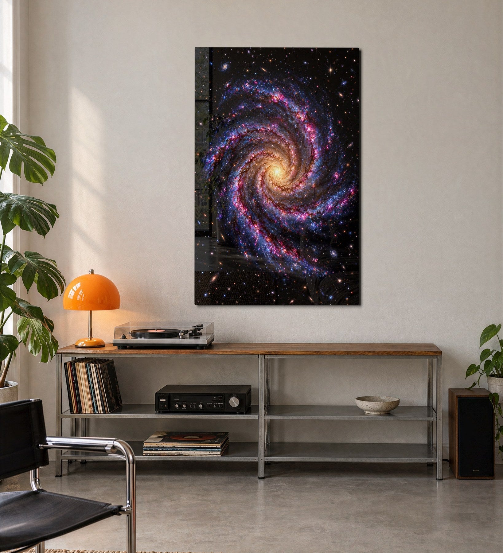 Elegant glass wall art featuring a galaxy design by Artdesigna, displayed on a modern living room wall.