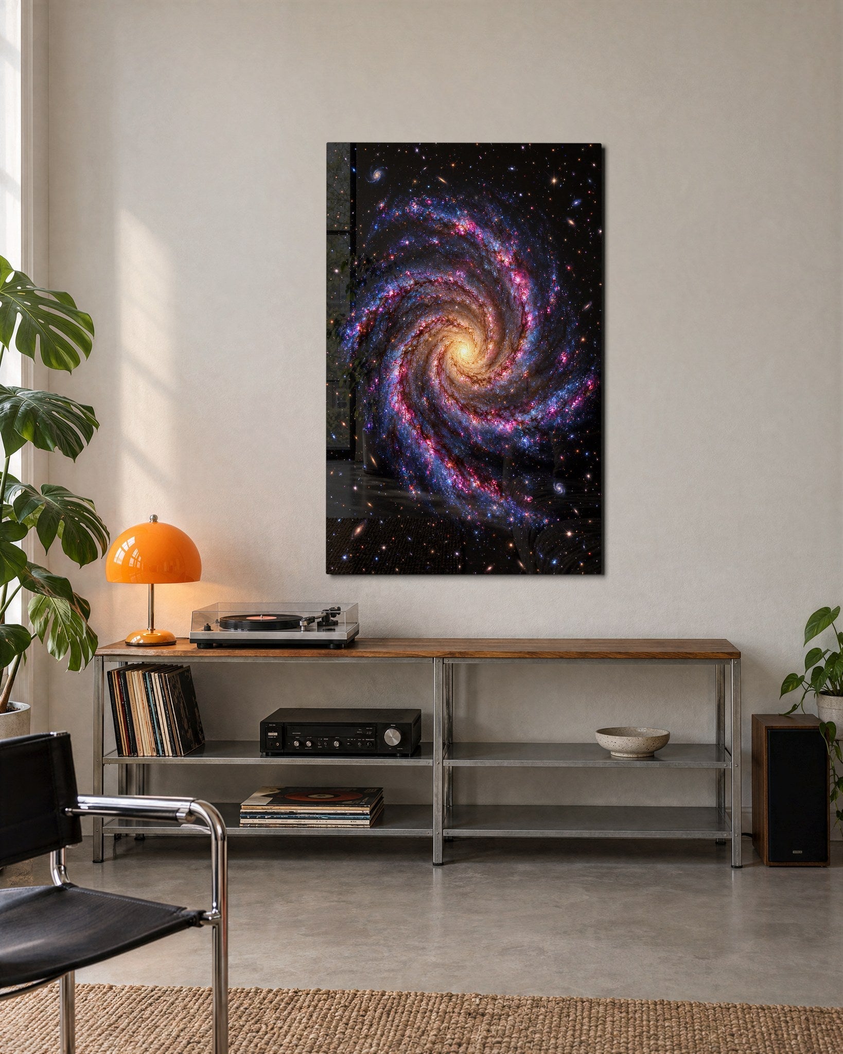 A Galaxy Takes Its Time glass wall art by Artdesigna, lifestyle view