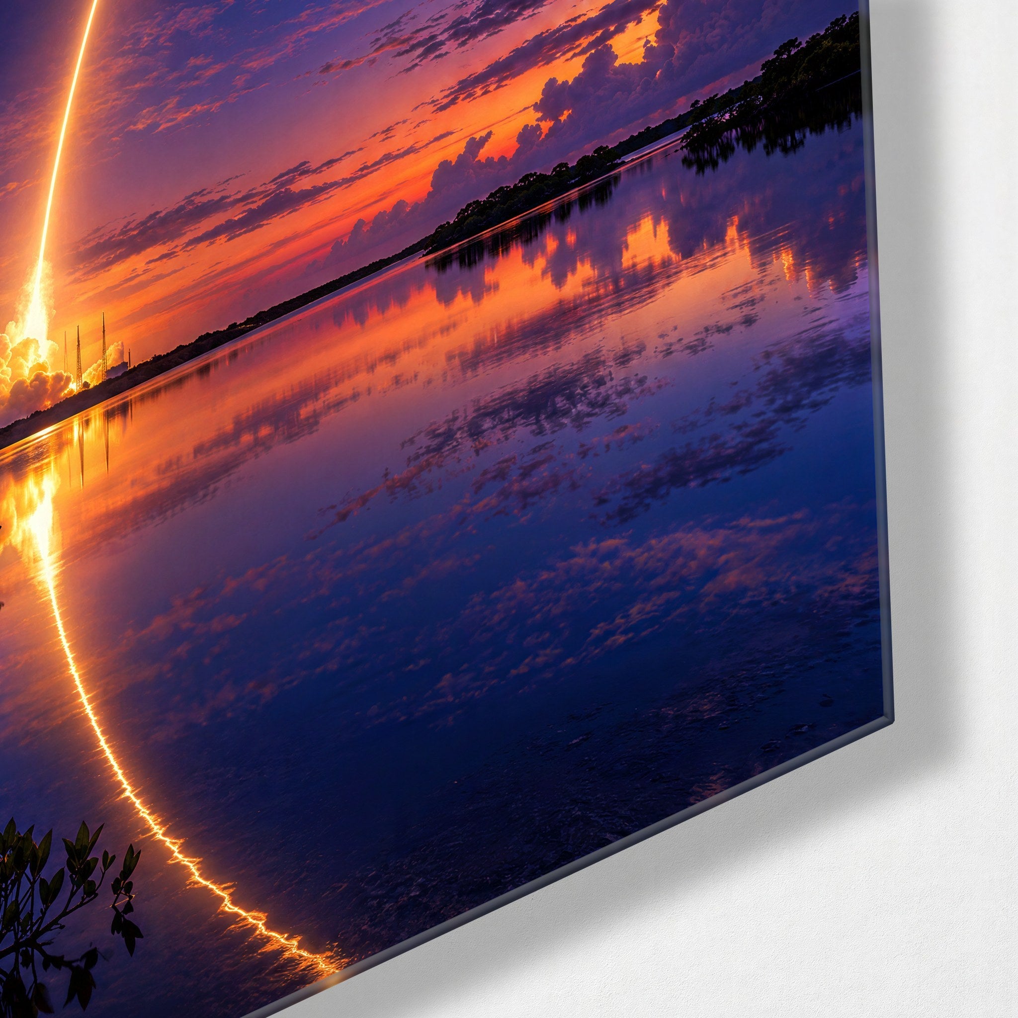 Lift-Off at Twilight glass wall art by Artdesigna, corner view