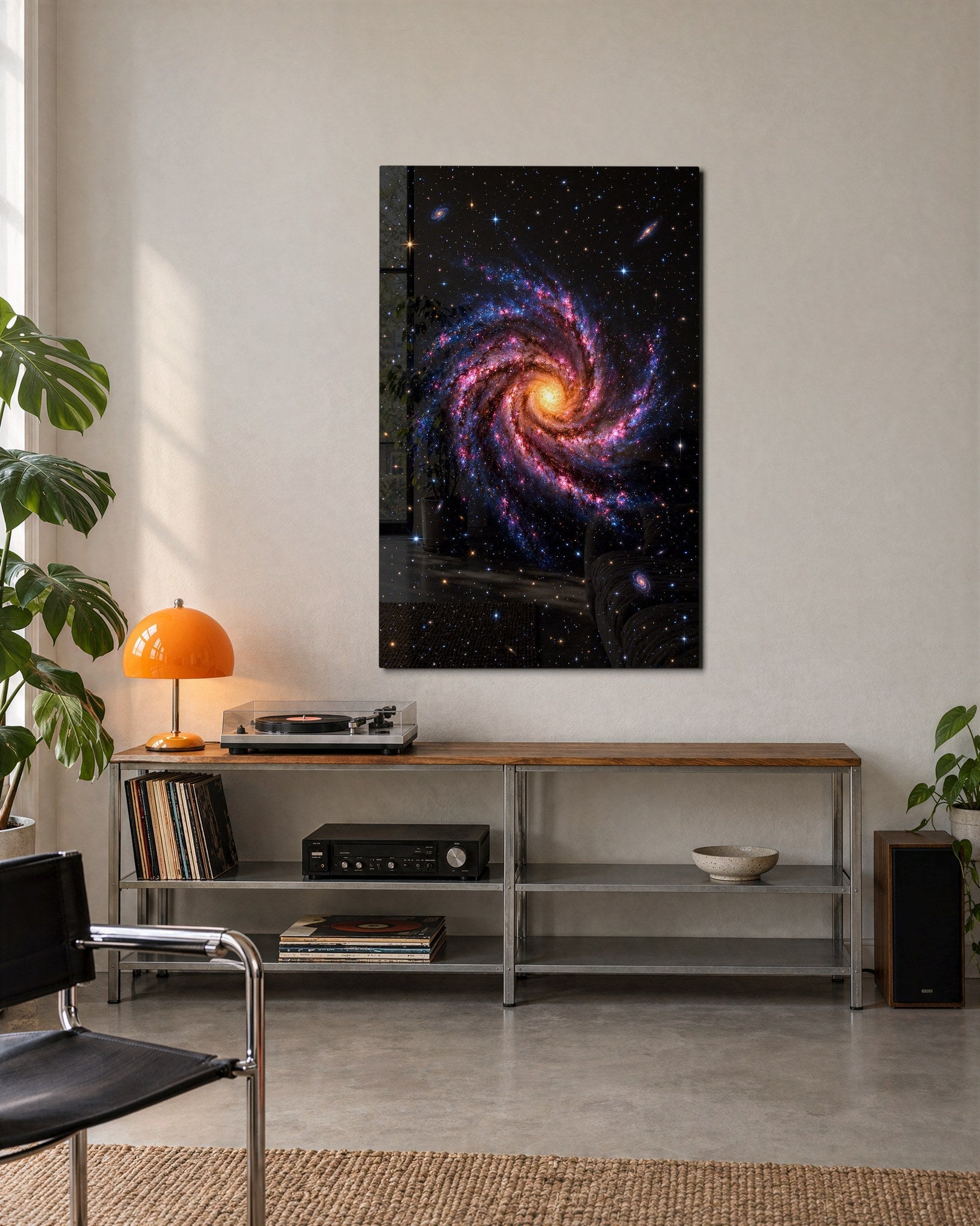 Spiral Arms of Pink glass wall art by Artdesigna, lifestyle view