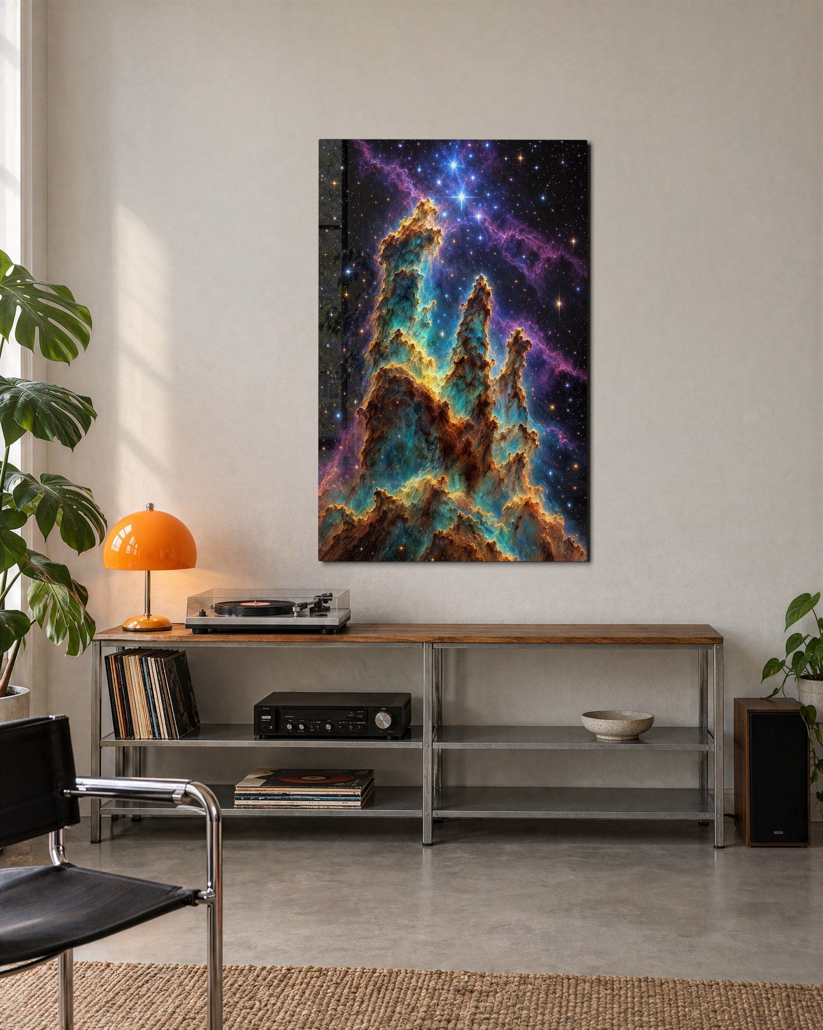 Dust Towers, Blue Stars glass wall art by Artdesigna, lifestyle view