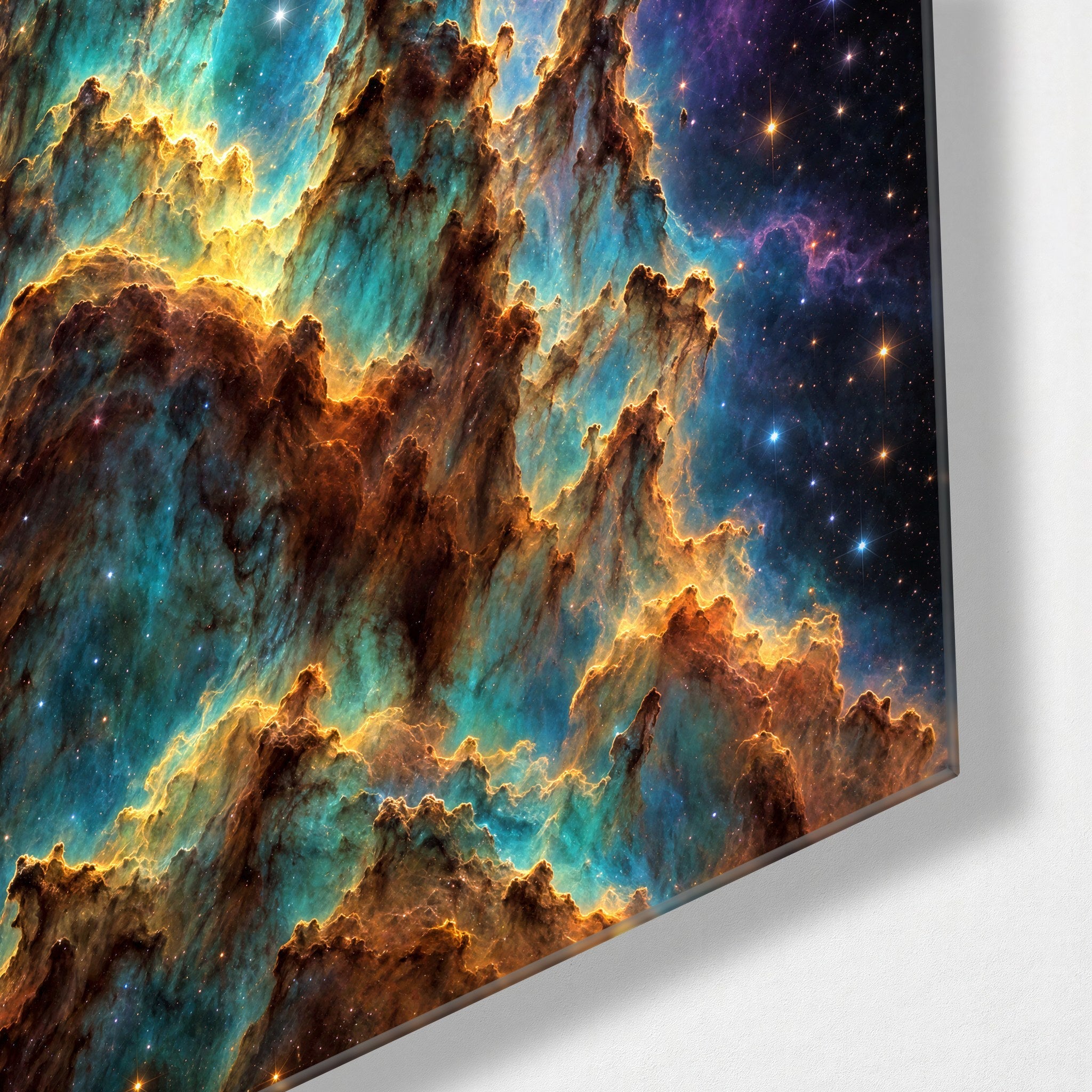 Dust Towers, Blue Stars glass wall art by Artdesigna, corner view