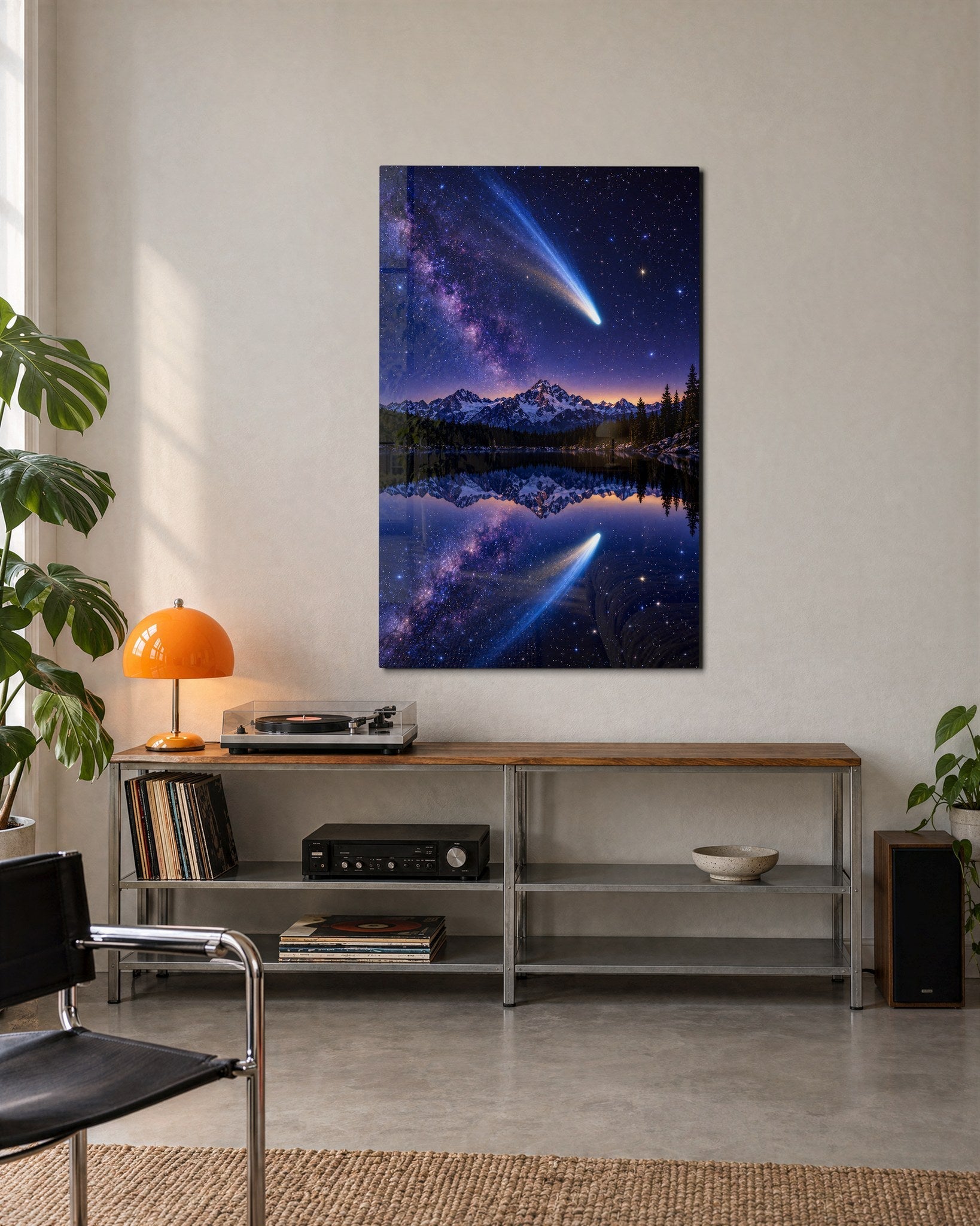 Blue Streak Over the Water glass wall art by Artdesigna, lifestyle view