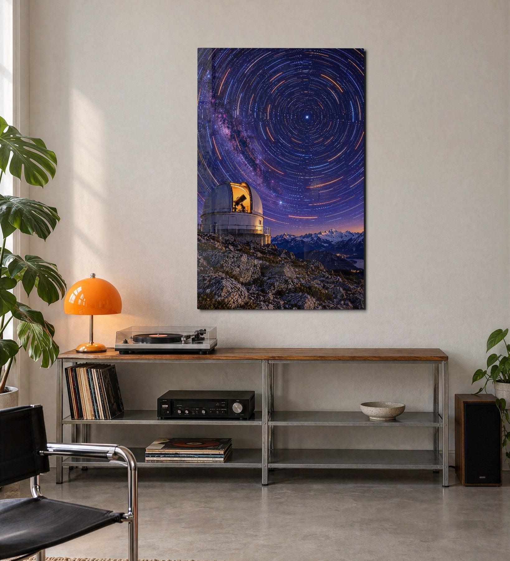 Glass wall art featuring domes and star circles by Artdesigna, displayed on a modern interior wall.