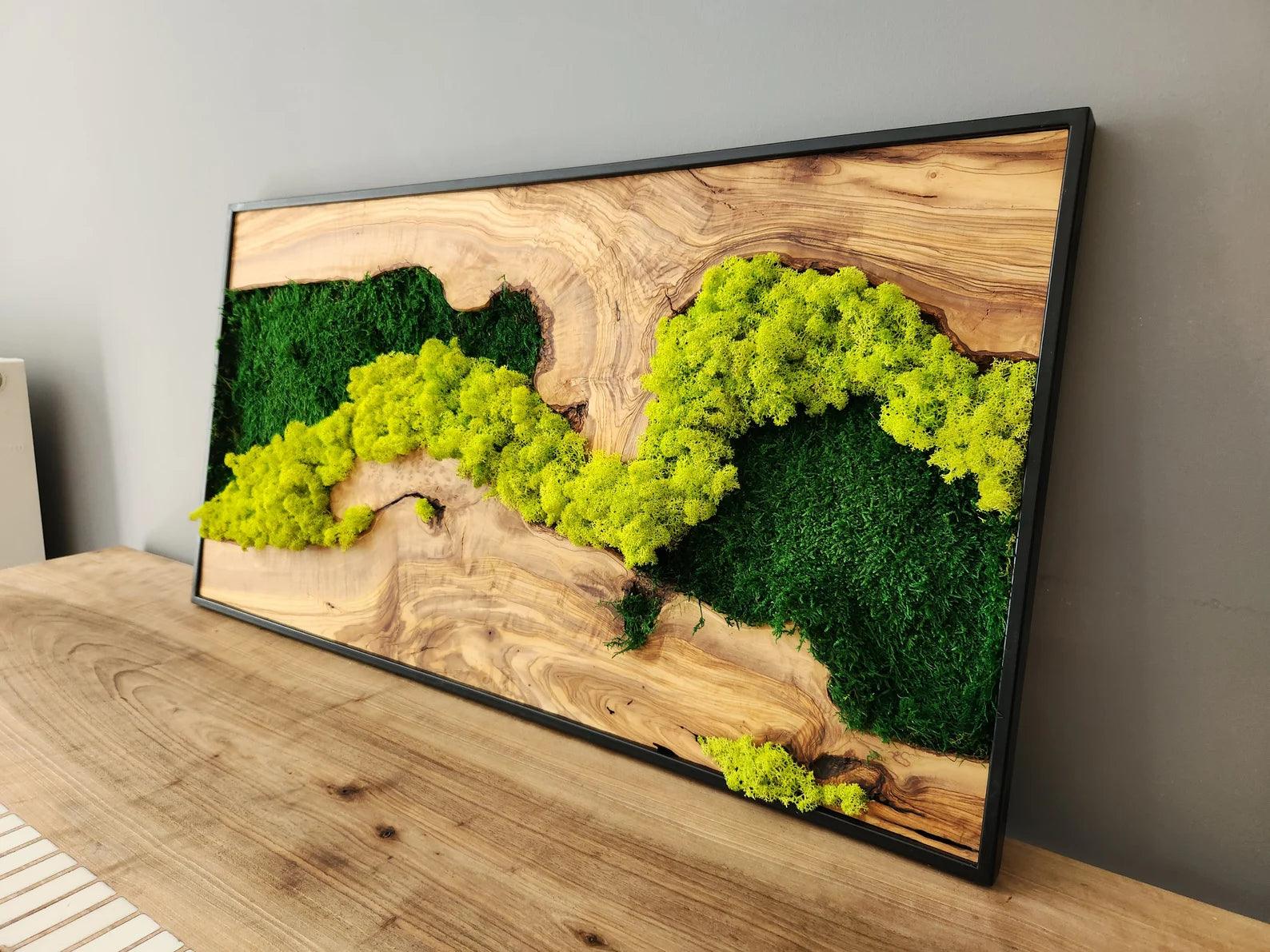 Custom Made Moss and Olive Wood Wall Art Rectangular | Premium Handmade Wall Sculptures 16 x 32