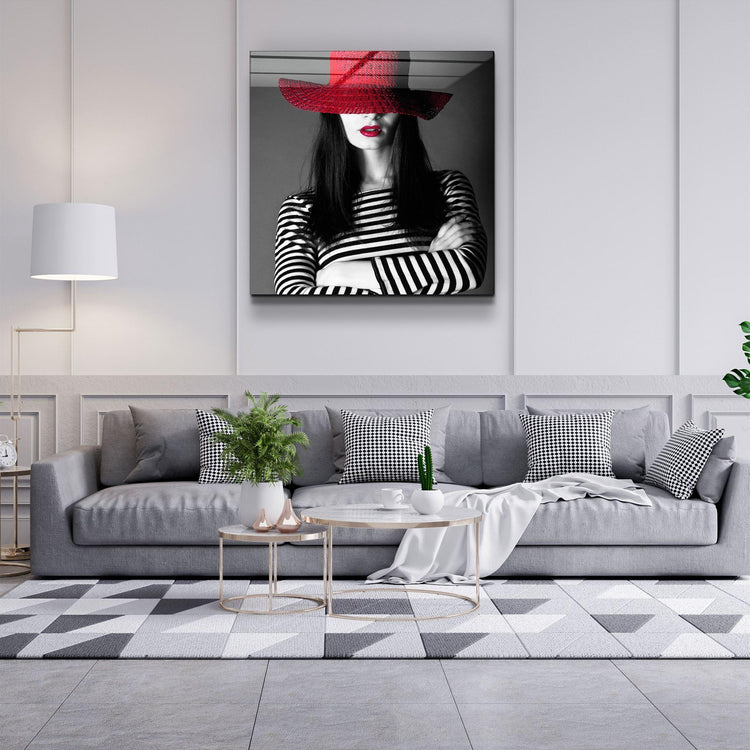 ・"Woman in Red Hat"・Glass Wall Art - ArtDesigna Glass Printing Wall Art