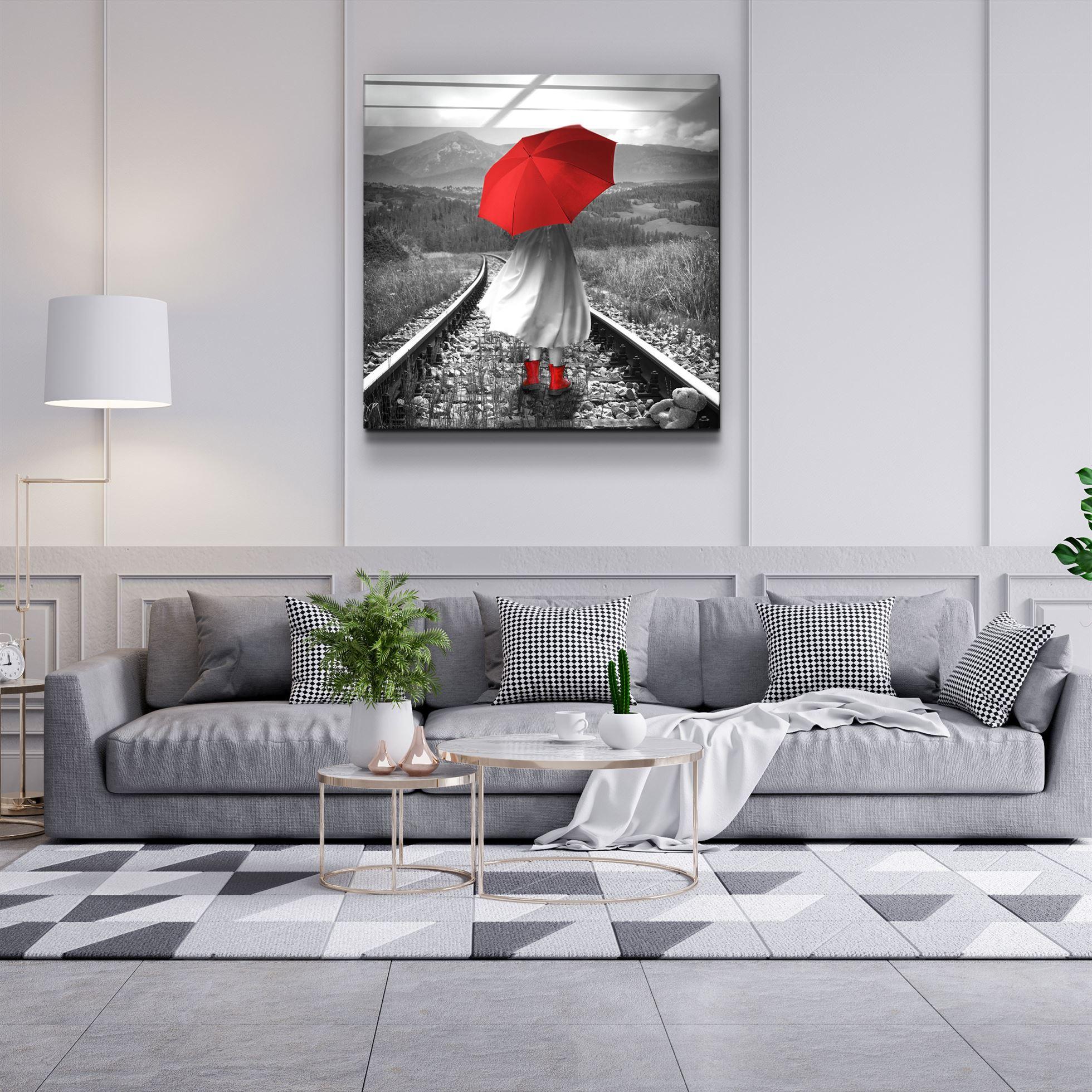 ・"Girl with Red Umbrella"・Glass Wall Art - ArtDesigna Glass Printing Wall Art