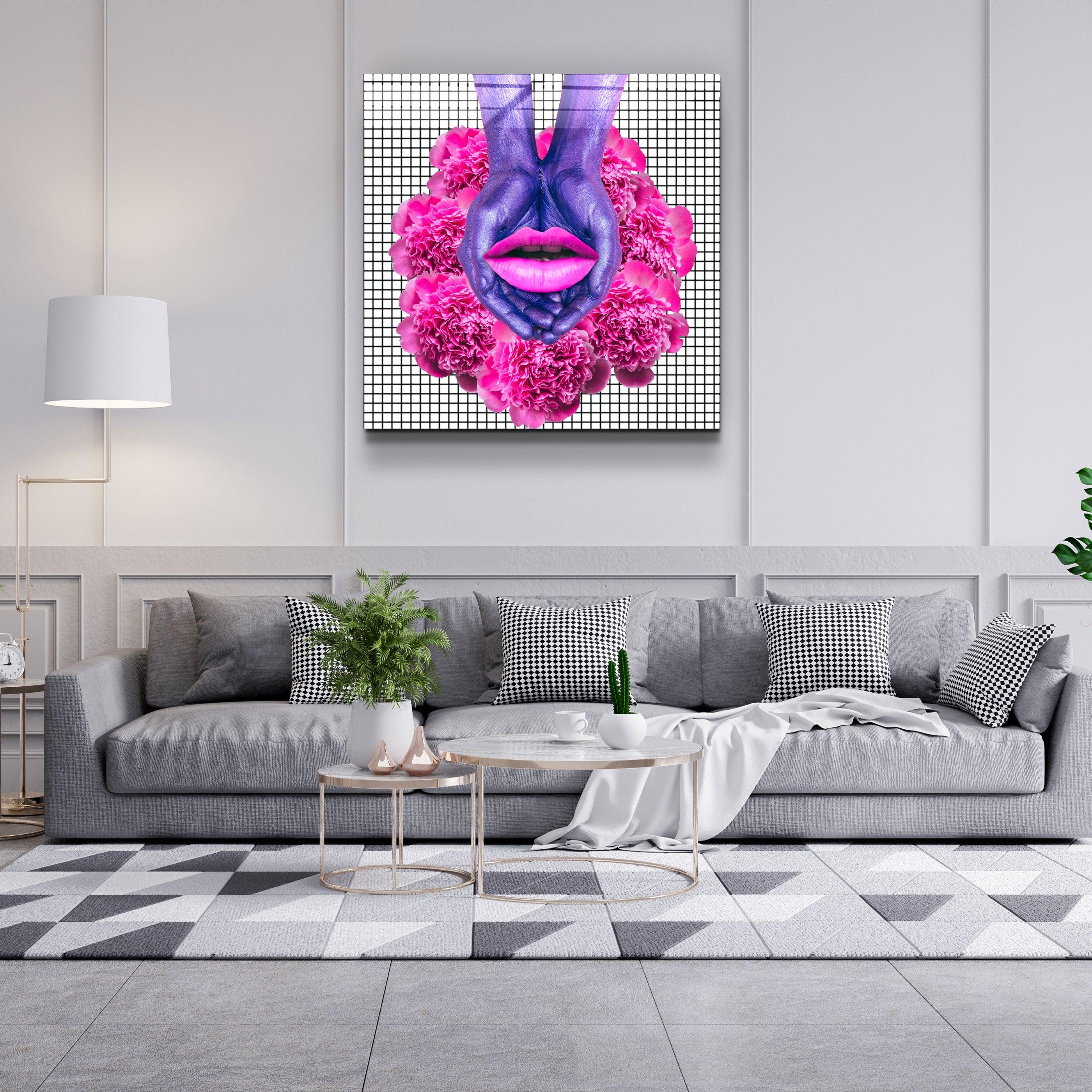 ・"Pink Flowers and Lips"・Glass Wall Art - ArtDesigna Glass Printing Wall Art