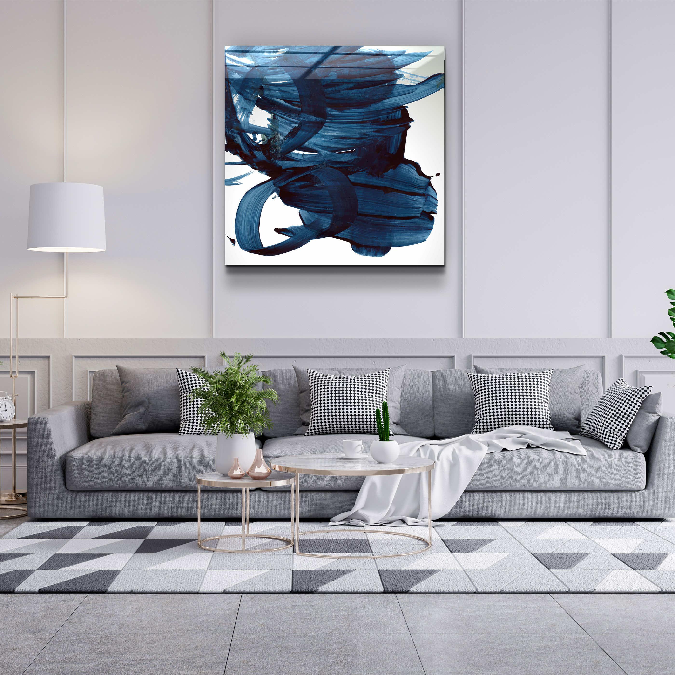 ."Navy Blue Abstract Brush Strokes". Designer's Collection Glass Wall Art - ArtDesigna Glass Printing Wall Art