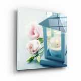 Kerze und Rosa Rosen – Glasbild