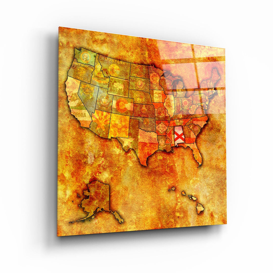 ・"Vintage Map US - Alabama"・Glass Wall Art - ArtDesigna Glass Printing Wall Art