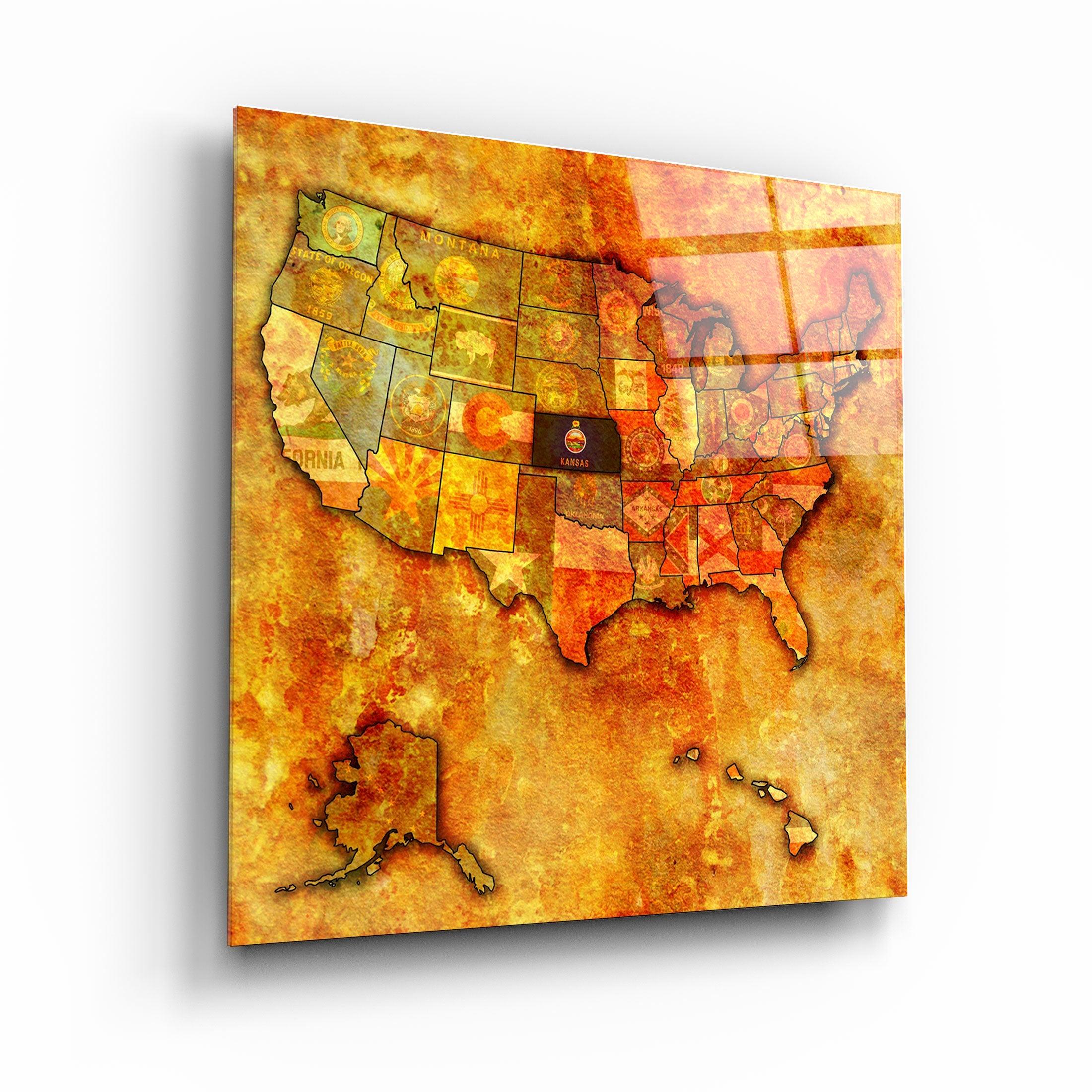 ・"Vintage Map US - Kansas"・Glass Wall Art - ArtDesigna Glass Printing Wall Art