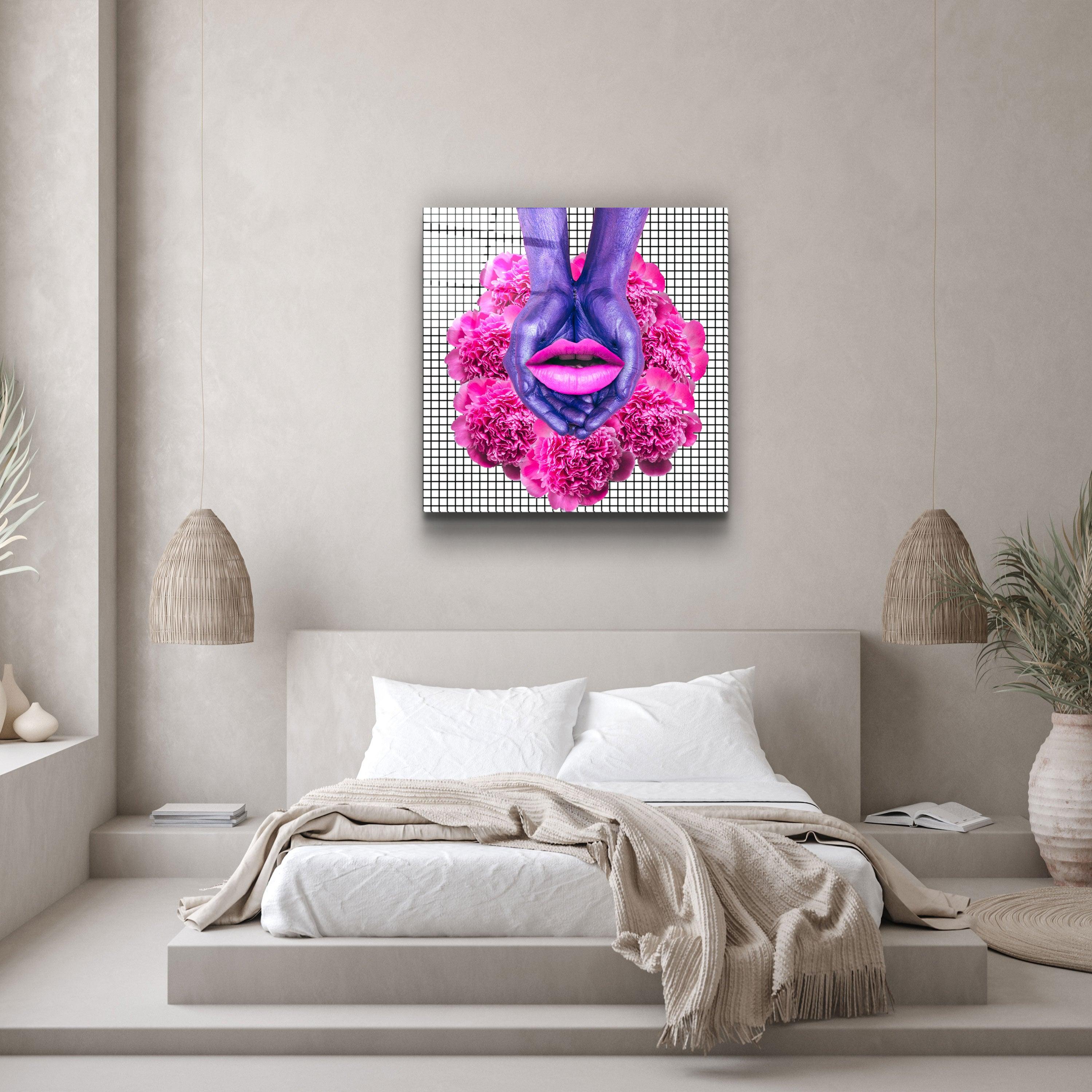・"Pink Flowers and Lips"・Glass Wall Art - ArtDesigna Glass Printing Wall Art