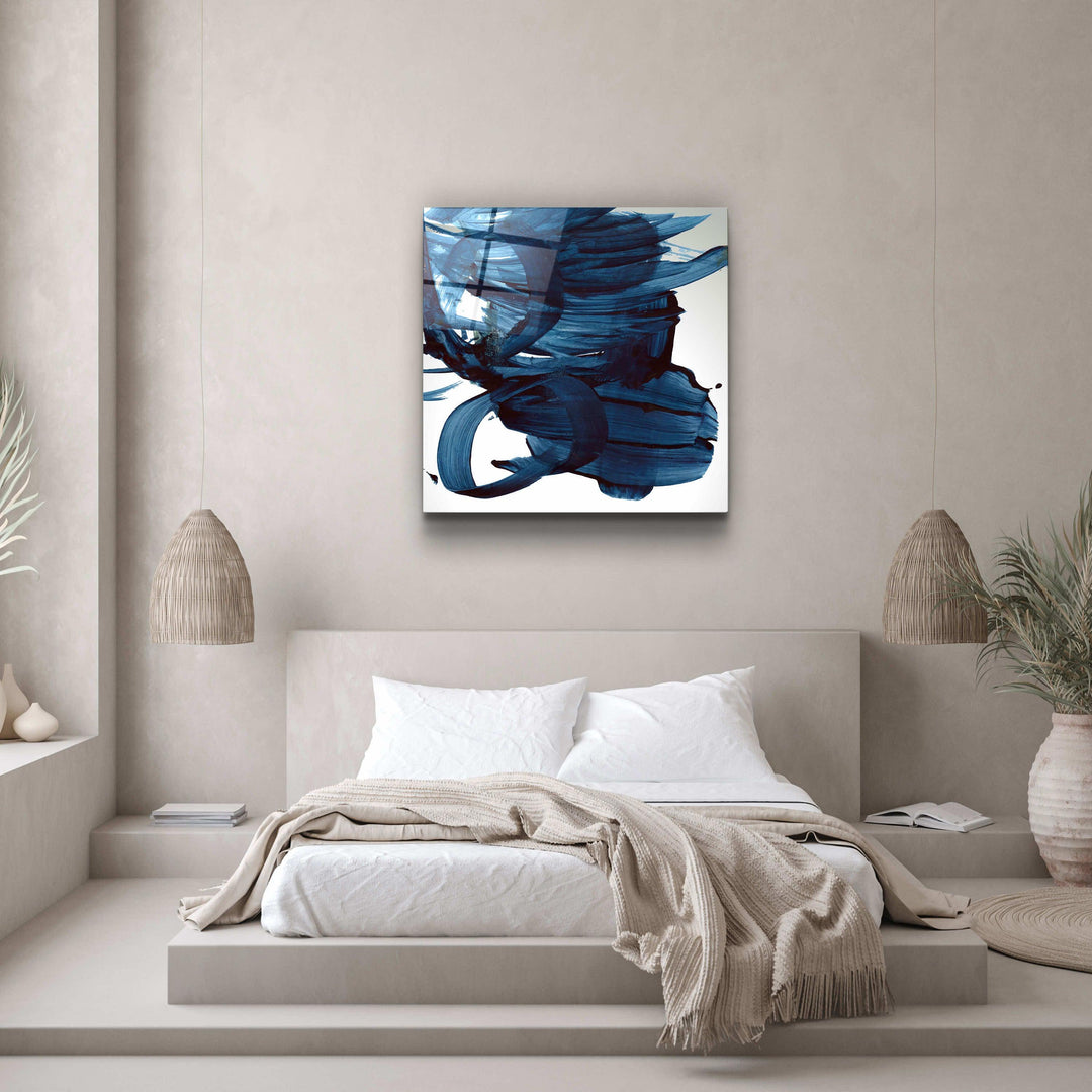 ."Navy Blue Abstract Brush Strokes". Designer's Collection Glass Wall Art - ArtDesigna Glass Printing Wall Art