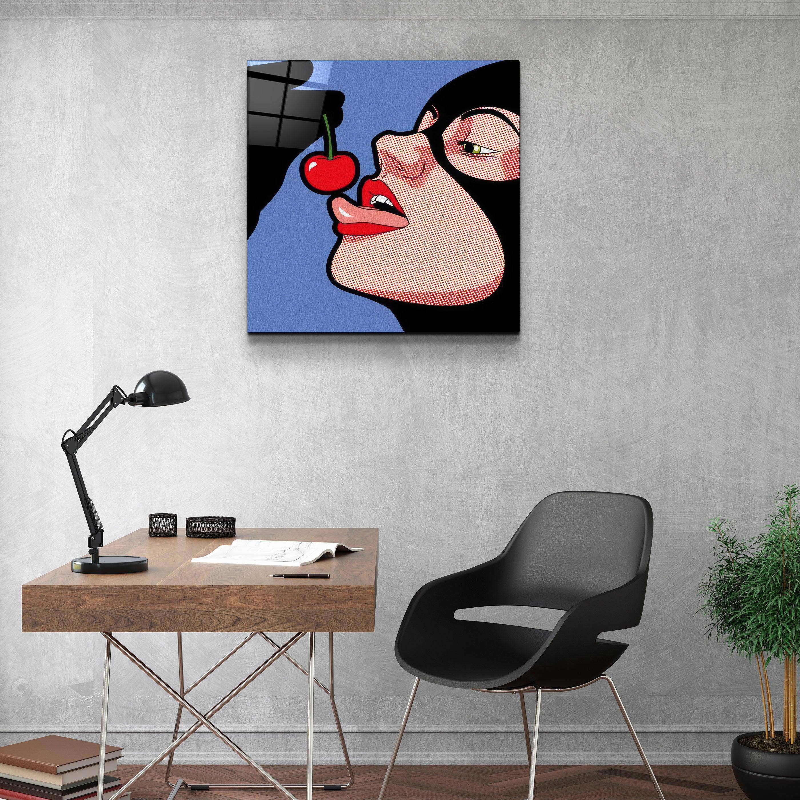 ."Cat Woman & Cherry". Designer's Collection Glass Wall Art - ArtDesigna Glass Printing Wall Art