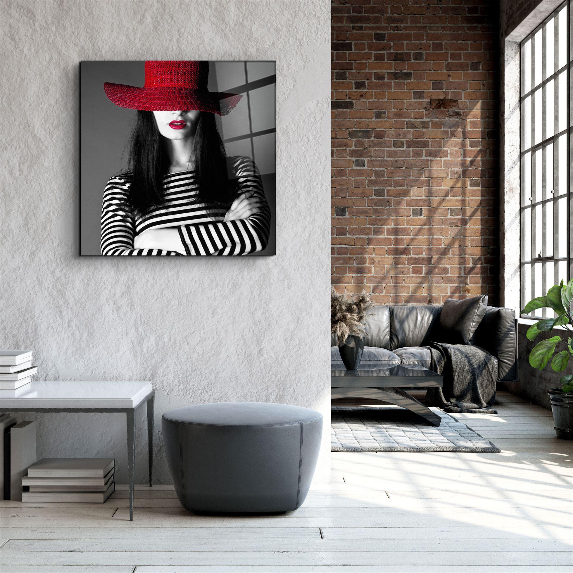 ・"Woman in Red Hat"・Glass Wall Art - ArtDesigna Glass Printing Wall Art