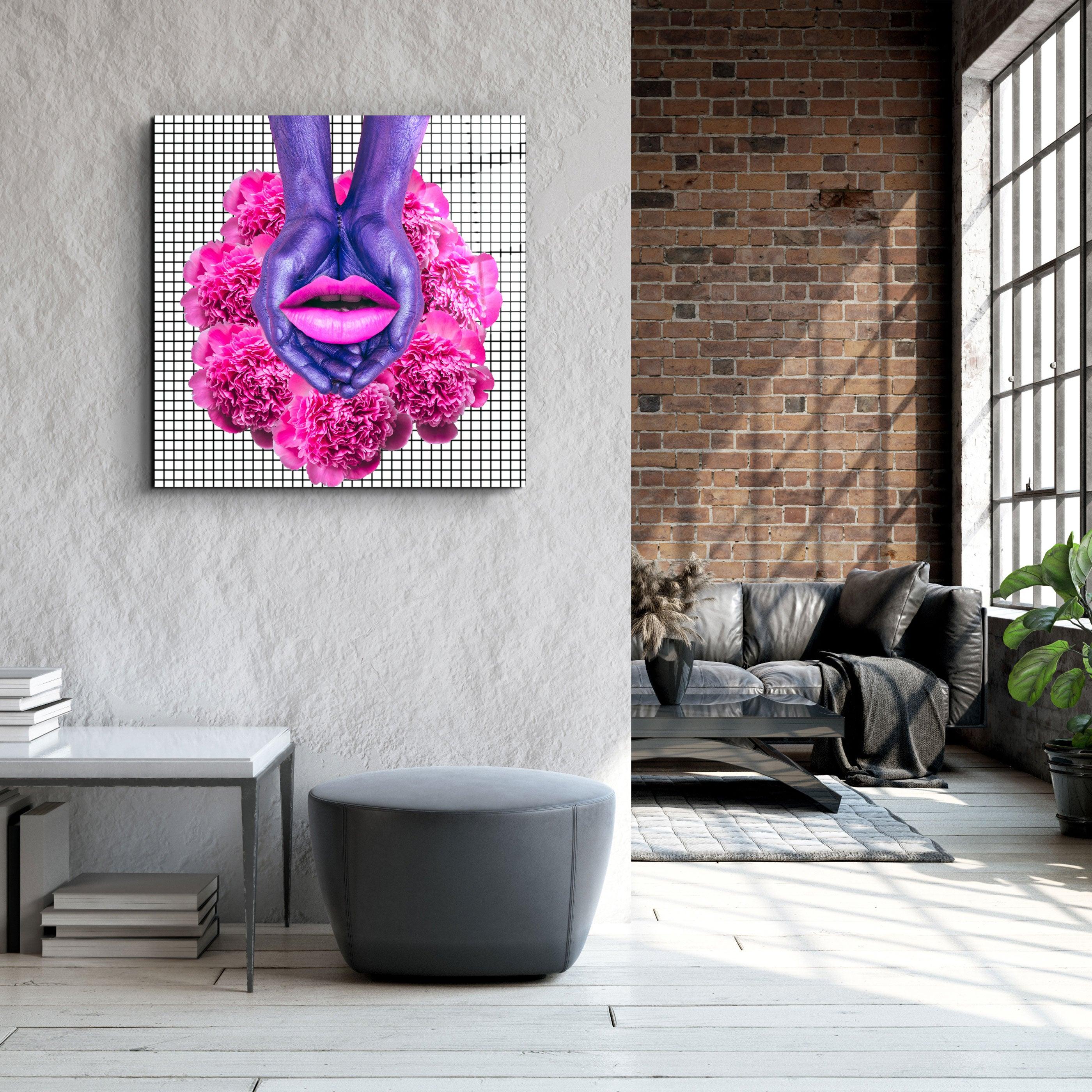 ・"Pink Flowers and Lips"・Glass Wall Art - ArtDesigna Glass Printing Wall Art