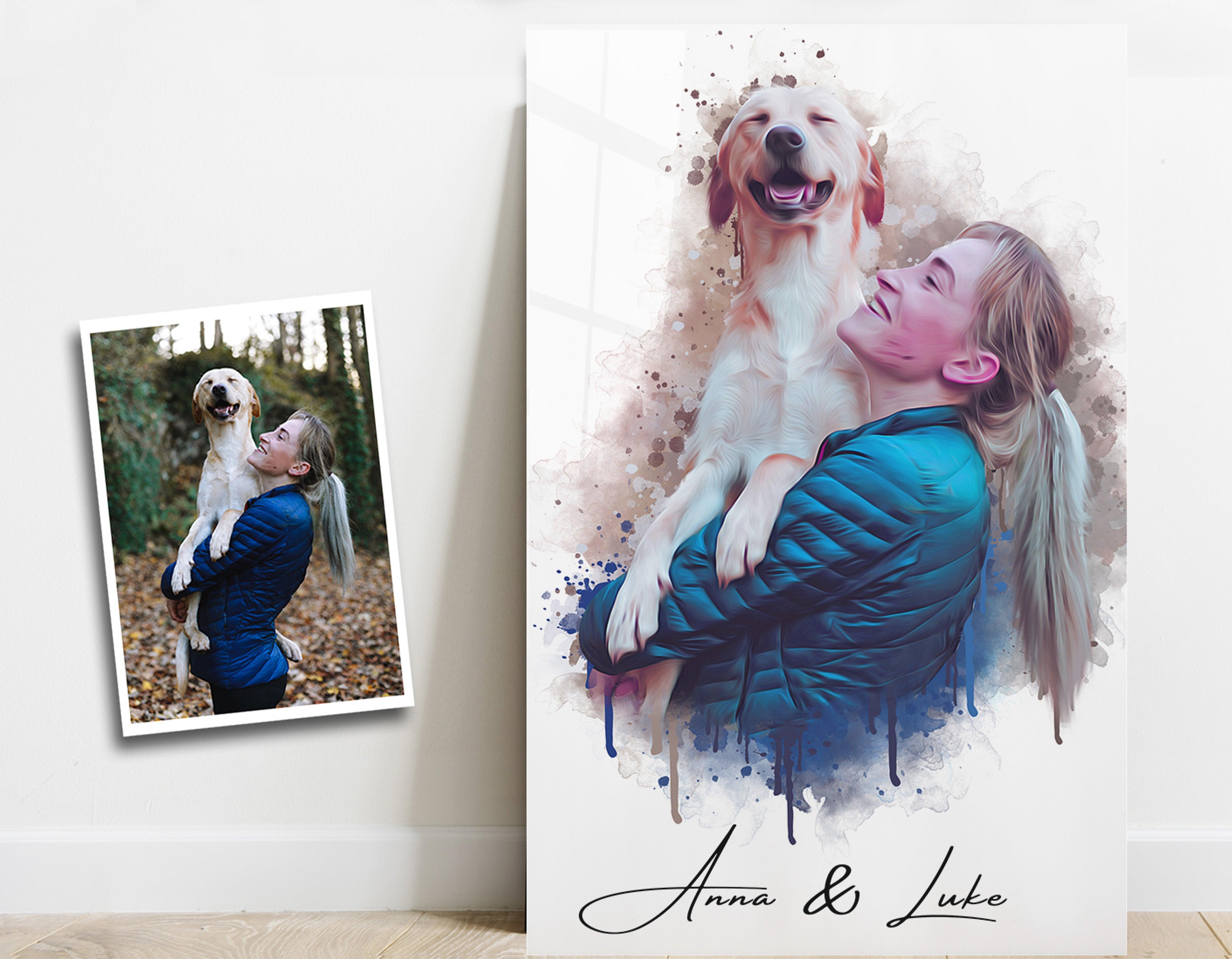 ."Watercolor Portrait - You & Your Pet - Custom Printing". Glass Wall Art - ArtDesigna Glass Printing Wall Art