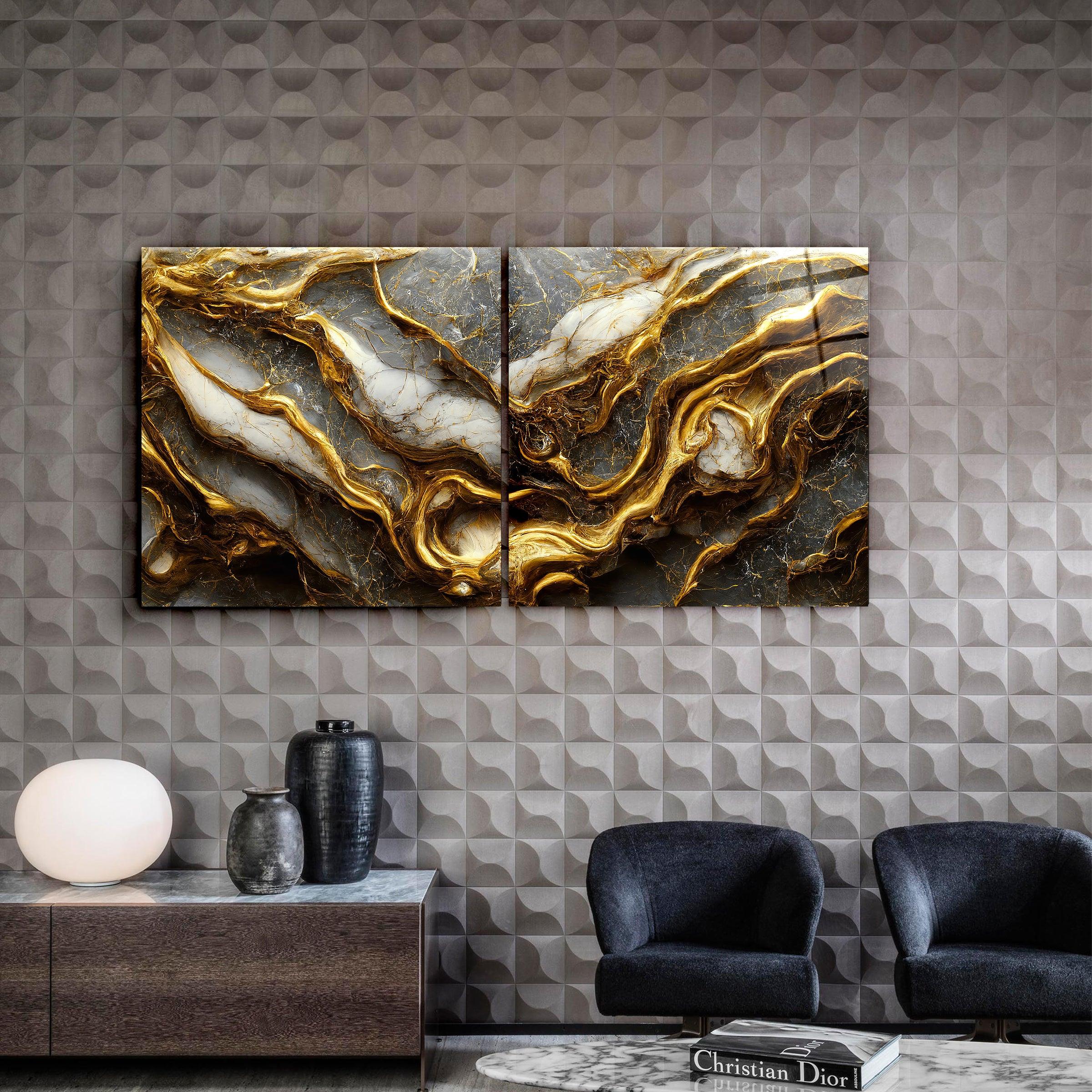 ・"Golden Roots in the Marble - Duo"・Glass Wall Art - ArtDesigna Glass Printing Wall Art