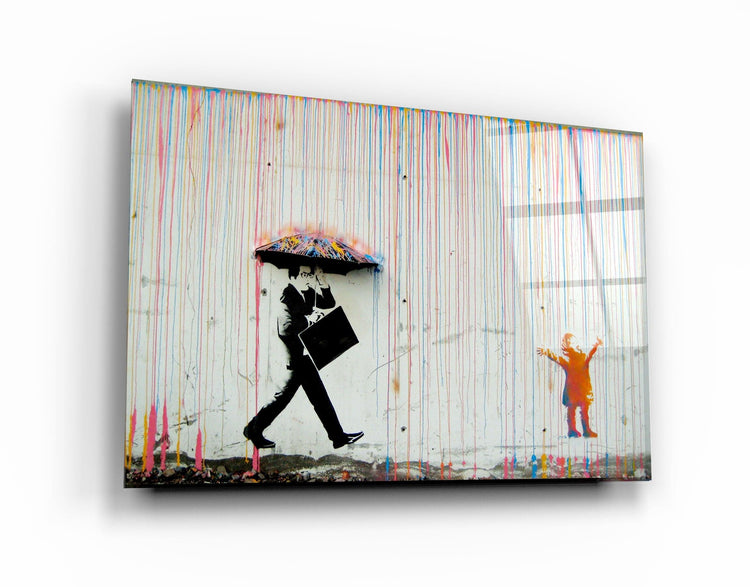 Banksy Umbrella Man Rainbow Rain Girl Glass Wall Art - ArtDesigna Glass Printing Wall Art