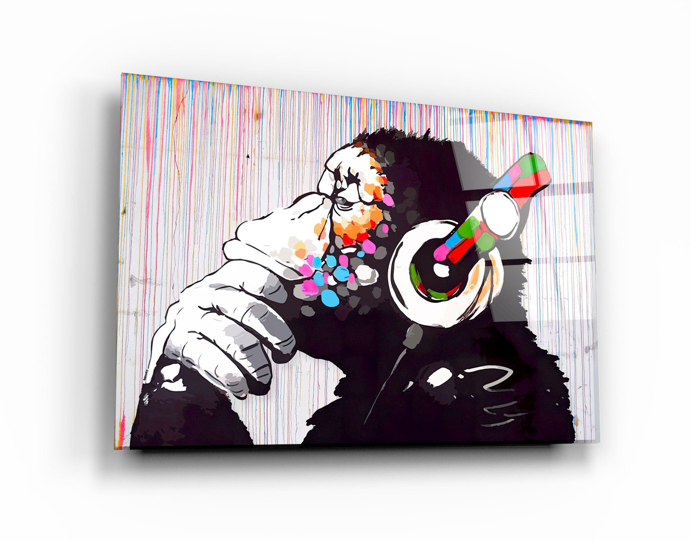 Banksy Monkey Beat Glass Wall Art - ArtDesigna Glass Printing Wall Art